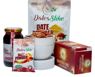 Organic date syrup and date powder in glass jars with dried dates and baking ingredients on wooden table